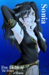  1girl armpits black_hair blush breasts character_name circlet copyright_name detached_sleeves earrings evil female fire_emblem fire_emblem:_rekka_no_ken hissaa_(starlight_express) jewelry long_hair one_eye_closed solo sonia_(fire_emblem) starlight_express tongue villain wink yellow_eyes 