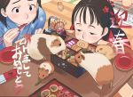  akeome blush eating guinea_pig hamster japanese_clothes kimono kotatsu mouth_hold new_year obentou table takamichi 