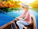  1girl autumn blonde_hair boat fishing fishing_rod hat holding holding_fishing_rod patricia_(princess_maker_4) princess_maker_4 sleeves_rolled_up solo tenhiro_naoto water watercraft 
