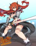  1girl agawa_ryou airomed ankle_boots armor artist_name boots breasts broken_armor brown_eyes cleavage fighting_stance gauntlets high_collar highres horns long_hair looking_at_viewer medium_breasts orange_hair original pauldrons redhead serious showgirl_skirt single_gauntlet solo sunrise_stance sword thighs watermark weapon web_address 
