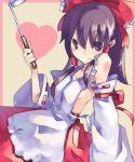  1girl apron beige_background black_hair blush bow breasts brown_eyes closed_mouth detached_sleeves female hair_bow hakurei_reimu heart ladle long_sleeves looking_at_viewer red_bow red_skirt ribbon-trimmed_sleeves ribbon_trim sideboob simple_background skirt small_breasts smile solo touhou 