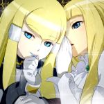  2girls blonde_hair blue_eyes dianna_soreil gloves gundam kihel_heim lipstick long_hair lowres makeup mebae multiple_girls turn_a_gundam whispering 