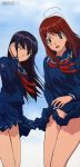  2girls :o absurdres antenna_hair bangs blue_eyes blue_hair blush clouds covering covering_crotch embarrassed flat_chest futami_eriko hair_ornament hairclip hand_in_hair hand_on_ear head_tilt highres hoshino_yuumi kawada_tsuyoshi kimi_kiss kimi_kiss_pure_rouge long_hair long_image looking_at_viewer looking_down megami miniskirt multiple_girls necktie official_art open_mouth outdoors plaid pleated_skirt red_eyes redhead scan school_uniform serafuku shirt skirt skirt_lift skirt_tug sky standing surprised swept_bangs tall_image thighs wince wind wind_lift wink 