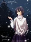  1girl black_hair brown_eyes hits jewelry necklace original skirt snow snowing solo stole takepon 