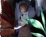  1girl alice_margatroid blue_eyes book brown_hair expressionless female holding holding_book library looking_at_viewer plant sakuraba_yuuki shade shirt short_hair sketch skirt solo touhou 