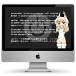  1girl apple apple_inc. armpits blonde_hair blue_screen_of_death bomb breasts computer english flat_chest food french fruit german green_eyes japanese kernel_panic long_hair macintosh monitor os-tan osx screen see-through solo thigh-highs 