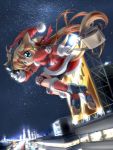  1girl animal_ears bag billboard cat_ears cat_tail christmas cityscape goggles jumping knee_pads looking_back night original paws sack santa_costume skyline tail zan 