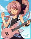  bass_guitar butterfly guitar instrument lowres oekaki pink_hair ponytail ribbon sasasasasa sky 