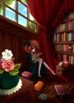  1girl bad_id bird book curtains flower hachino indoors reading ribbon sitting solo twintails window 
