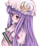  1girl bangs book bow crescent female from_side hair_bow hat long_hair lowres mob_cap patchouli_knowledge purple_hair solo touhou upper_body violet_eyes white_background 
