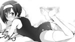  ass bed blush ef feet hairband kashi legs looking_back lowres lying monochrome one-piece_swimsuit school_swimsuit shindou_kei short_hair swimsuit thigh-highs 