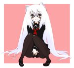  animal_ears black blush cat_ears glasses long_hair original oza_watto pantyhose school_uniform serafuku simple_background white_hair 