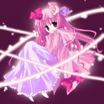  1girl blush bow crescent female floating frills full_body hat long_hair looking_at_viewer magic mob_cap patchouli_knowledge pink_bow pink_hair purple_background red_bow simple_background solo tareme touhou very_long_hair violet_eyes 