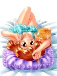  1girl bed brown_eyes brown_hair cat dress frilled_pillow frills legs looking_at_viewer lying on_back original pillow solo upside-down zan 