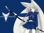  1girl :&lt; animal_ears argonauts_gemini dragonfly enchi eyepatch fox fox_ears fox_tail green_eyes grey_eyes grey_hair insect katana long_hair original school_uniform serafuku silver_hair skirt solo sword tail thigh-highs triangle_mouth very_long_hair weapon 