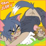  2boys animal_ears brown_hair cat_ears cat_tail character_name copyright_name costume eyebrows fang gloves grey_hair jerry_(tom_and_jerry) lowres male_focus mouse_ears multiple_boys personification tail tom tom_and_jerry tongue whiskers white_gloves 