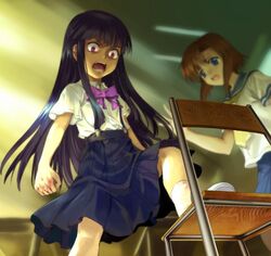  2girls angry blood blue_eyes bow brown_hair chair classroom crazy_eyes furude_rika higurashi_no_naku_koro_ni jpeg_artifacts long_hair multiple_girls mutsuki_(moonknives) open_mouth pink_bow purple_hair ryuuguu_rena ryuukishi07 saikoroshi-hen school_uniform serafuku short_hair skirt violet_eyes 