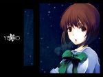  1girl :o bow bowtie brown_eyes building expressionless green_bow green_bowtie hagiwara_yukiho idolmaster night night_sky open_mouth outdoors pillar pos shirt short_hair sky solo star_(sky) starry_sky white_shirt 