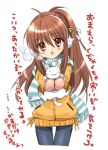  1girl animal_earmuffs bell brown_hair cat cowboy_shot earmuffs hair_bell hair_ornament izumi_rei jingle_bell lennon little_busters!! long_hair looking_at_viewer mittens natsume_rin open_mouth red_eyes scarf solo striped striped_scarf translated 