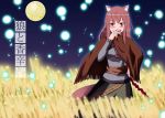  1girl animal_ears cape covering_mouth field full_moon glowing grin hand_on_hip hand_over_mouth hand_over_own_mouth hips holo jewelry long_hair mino_(tyu) moon naughty_face necklace night night_sky outdoors pink_hair pouch red_eyes sash skirt sky smile solo spice_and_wolf standing tail wheat wolf_ears wolf_tail 