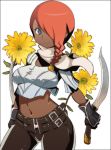  1girl belt blue_eyes capcom curvy dark_skin devil_may_cry devil_may_cry_2 earrings flower gloves hair_over_one_eye hips jewelry lucia_(devil_may_cry) memememe midriff navel redhead scarf smile sword weapon wide_hips 