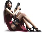  1girl 3d ada_wong black_hair dress gun handgun high_heels highres holding holding_gun holding_weapon holster la_femme_nikita looking_up official_art parody pistol red_dress resident_evil resident_evil_4 shoes short_hair sitting solo thigh_holster thigh_strap trigger_discipline weapon 