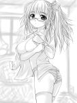  1girl breasts glasses large_breasts long_hair monochrome open_clothes open_shirt panties shirt solo striped striped_panties thigh-highs underwear uni8 