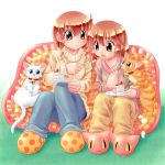  2girls cake cat feeding food frilled_pillow frills fruit multiple_girls original pastry pillow plate siblings sisters slippers strawberry sweater zan 