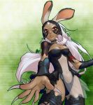  1girl animal_ears barachan breasts cleavage dark_skin final_fantasy final_fantasy_xii fran long_hair lowres mask midriff nail_polish pink_hair pink_nails rabbit_ears revealing_clothes solo thigh-highs very_long_hair viera 