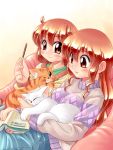  2girls animal blush book breasts brown_eyes cat closed_eyes copper holding holding_animal holding_book long_hair looking_at_viewer looking_away multiple_girls one_eye_closed original shiny shiny_hair short_hair siblings simple_background sisters sitting small_breasts sweater zan 