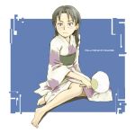  amasawa_yuuko barefoot black_hair dennou_coil fan glasses japanese_clothes kimono long_hair naotan paper_fan sitting uchiwa yokozuwari yukata 