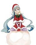  1girl :d alternate_costume aqua_hair ashiya_hiro bell bow capelet christmas cosplay grey_eyes hair_bow hair_ribbon hat highres kantai_collection kiyoshimo_(kantai_collection) kuma_(kantai_collection) kuma_(kantai_collection)_(cosplay) kumano_(kantai_collection) kumano_(kantai_collection)_(cosplay) long_hair looking_at_viewer low_twintails open_mouth pantyhose ribbon sack santa_costume santa_hat silver_hair simple_background sitting smile solo twintails violet_eyes wariza white_background 