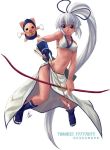  1girl blue_eyes bow_(weapon) breasts champloo dark_skin hits long_hair majikina_mina medium_breasts mizuki_gyokuran ponytail samurai_spirits sideboob solo tabi weapon white_hair 