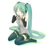  1girl hatsune_miku kanchou_serio long_hair okaka solo thigh-highs twintails very_long_hair vocaloid wink zettai_ryouiki 