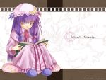  1girl blue_bow book bow character_name crescent dress female frills full_body hair_bow hat knees_up long_hair long_sleeves matching_hair/eyes mob_cap necktie patchouli_knowledge pink_bow purple_hair reading red_necktie simple_background sitting slippers solo touhou violet_eyes white_background ~o_cubic 