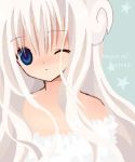  1girl blue_eyes dress long_hair lowres oekaki one_eye_closed original sasasasasa sheep solo white white_hair wink 