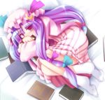  1girl bangs blunt_bangs book crescent crescent_hair_ornament dress female hair_ornament hair_ribbon hat looking_at_viewer lying mob_cap on_side patchouli_knowledge purple_hair ribbon sidelocks socks solo striped striped_dress touhou tress_ribbon vertical_stripes violet_eyes white_legwear 