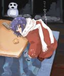  1girl blush cold food fruit kotatsu lefty10 mandarin_orange nagato_yuki orange scarf snowman solo suzumiya_haruhi_no_yuuutsu table translated 