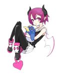  1girl bad_id bat_wings black_legwear boots disgaea horns makai_senki_disgaea_3 oza_watto pantyhose pink_hair pointy_ears prinny purple_hair raspberyl school_uniform serafuku simple_background solo violet_eyes wings 