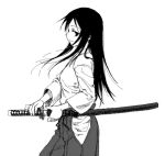  1girl japanese_clothes katana lowres miko monochrome original profile satou_atsuki smile solo sword weapon 