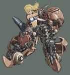  1girl armor blonde_hair gun handgun james_chung metroid midriff nintendo pistol power_armor samus_aran solo sports_bra weapon 