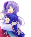  2girls :d ^_^ ^o^ blue_hair blush closed_eyes detached_sleeves furude_rika fuyuichi hanyuu happy higurashi_no_naku_koro_ni horns hug long_sleeves multiple_girls open_mouth purple_hair ribbon-trimmed_sleeves ribbon_trim simple_background smile upper_body white_background yuri 