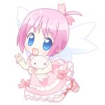  1girl amamiya_manami blue_eyes bow chibi gakuen_utopia_manabi_straight! holding jumping looking_at_viewer mirai_(sugar) pink_bow pink_hair short_hair simple_background solo stuffed_animal stuffed_cat stuffed_toy tareme v violet_eyes white_background 