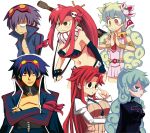  1boy 2girls antispiral_nia dual_persona glasses multiple_girls multiple_persona navel neck_brace nia_teppelin older sasago_kaze simon tengen_toppa_gurren_lagann yoko_littner yomako younger 