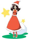  1girl :d animal_ears bell brown_eyes brown_hair cat_ears christmas glasses hat jingle_bell looking_at_viewer naitou_satoshi open_mouth santa_costume santa_hat shadow simple_background smile solo standing star white_background 