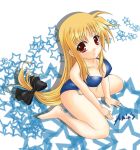  1girl amicis blonde_hair fate_testarossa long_hair low-tied_long_hair lyrical_nanoha mahou_shoujo_lyrical_nanoha mahou_shoujo_lyrical_nanoha_strikers red_eyes solo star starry_background swimsuit tied_hair very_long_hair 