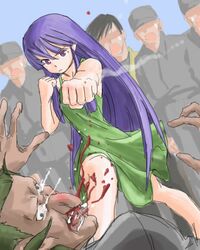  07th_expansion 1girl akasaka_mamoru bangs battle blood blue_hair blunt_bangs dress ezu face_punch faceless faceless_male female fighting_stance furude_rika green_dress green_skirt higurashi_no_naku_koro_ni hime_cut in_the_face long_hair lowres matsuribayashi-hen multiple_boys no_naku_koro_ni_(series) okonogi_tetsurou punching skirt solo_focus tears violet_eyes 