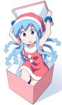  1girl :o alternate_costume anbe_masahiro armpits arms_up blue_hair box bracelet christmas from_above gift gift_box hat ikamusume in_box in_container jewelry looking_at_viewer santa_costume santa_hat shinryaku!_ikamusume simple_background sleeveless solo tentacle_hair white_background 