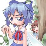  2girls chibi cirno female hat lowres multiple_girls navel nyagakiya shameimaru_aya touhou 