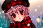  1girl bad_id hat lowres nagato_yuki nanase_meruchi plaid plaid_scarf scarf snow snowing solo suzumiya_haruhi suzumiya_haruhi_no_yuuutsu 